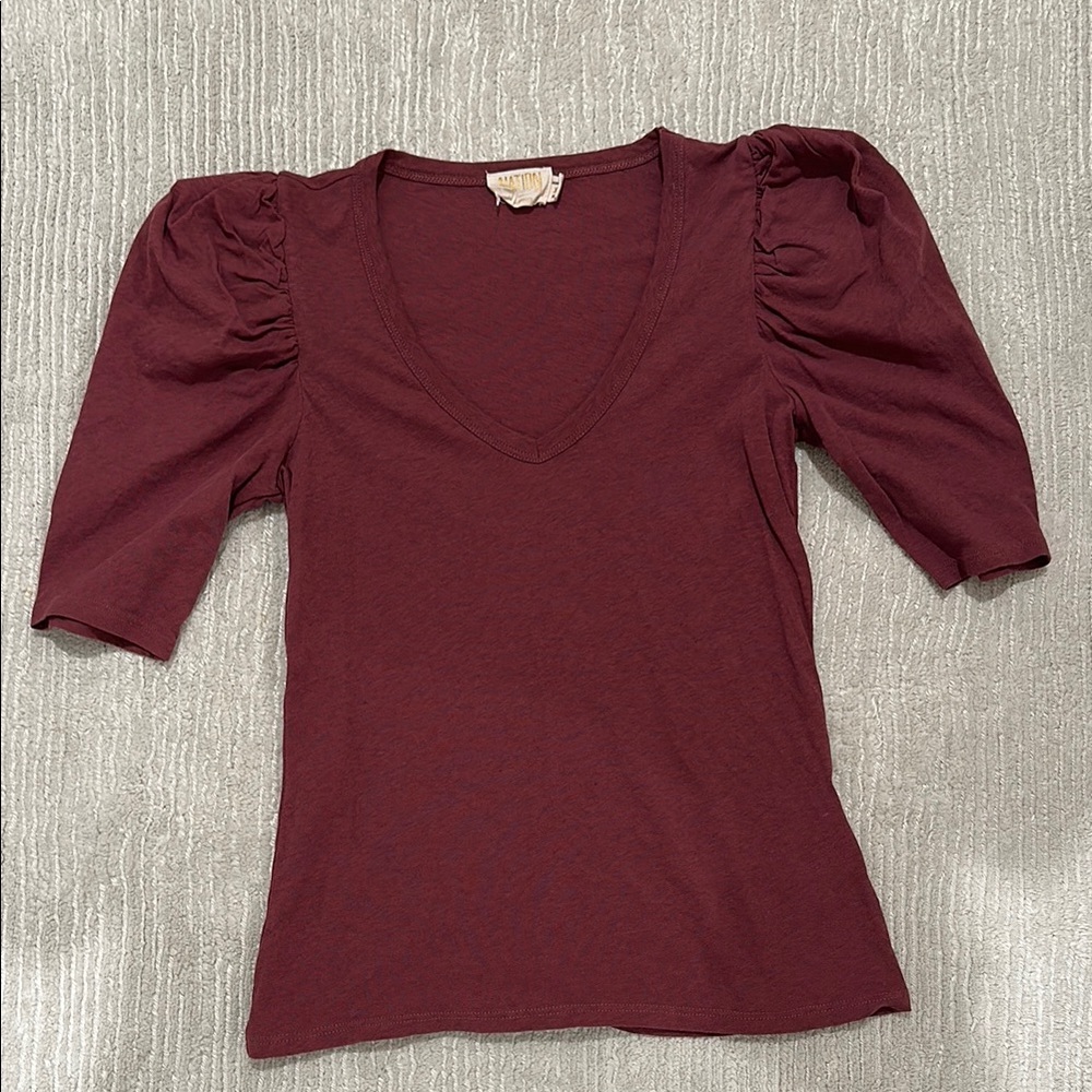 Nation LTD Burgundy Puff Sleeve V-Neck Tee